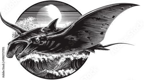 Engraved style illustration of a manta ray swimming in front of a moonlit wave
