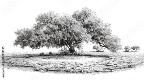 Grayscale sketch of a large tree in a grassy meadow surrounded by other small trees