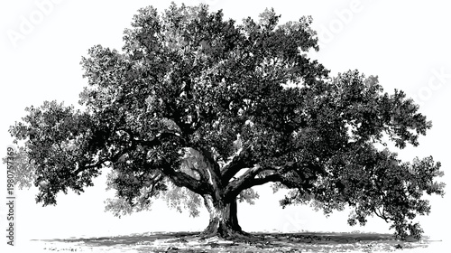 Detailed, black and white illustration of a large, mature oak tree with shadows