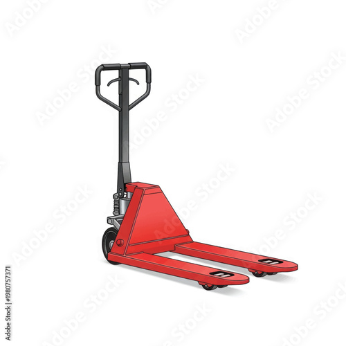 Red manual pallet jack used for lifting and transporting pallets in warehouses and industrial settings.