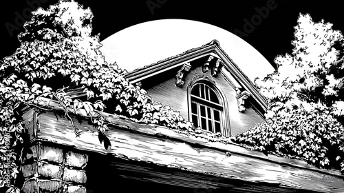 B&W rendition of an old building, overgrown with ivy, against a bright moonlit sky