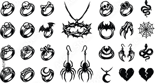 Various dark themed jewelry items and symbols are displayed in a grid format featuring skulls, bones, spiders snakes hearts and more.