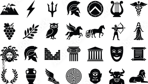 Collection of stylized silhouette icons representing various elements and figures from ancient greek mythology and culture.