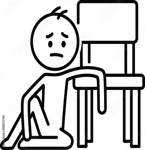 Sad stick figure leaning on a simple chair illustration