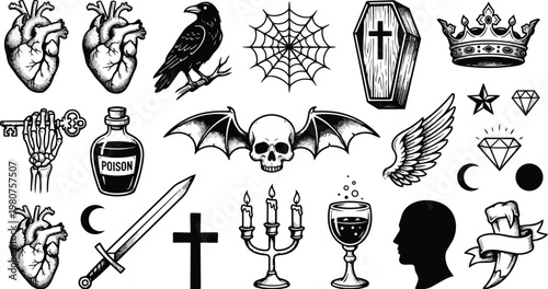 Collection of gothic and occult symbols includes anatomical hearts, a raven, a coffin a crown a skull with wings and a candelabra.