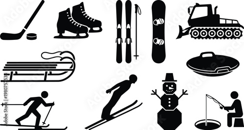 Collection of winter sports and activities icons including a hockey stick and puck, ice skates, skis and poles a snowboard a snowmobile a sled a ski jumper a snowman and ice fishing.
