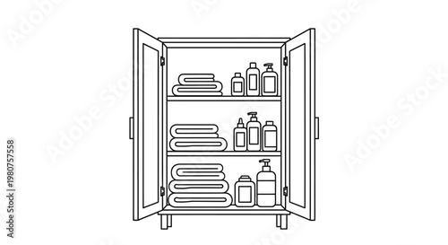 Open cabinet with bathroom supplies inside.