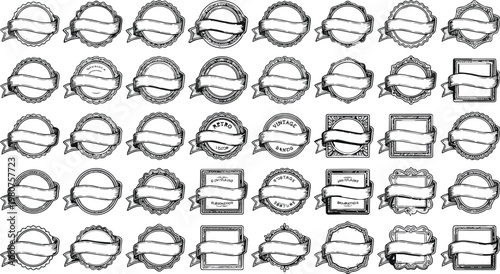 Numerous blank circular and square badges featuring ribbons are arranged in a grid pattern across the frame.