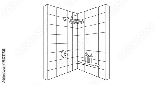 Shower with tiled walls and fixtures.