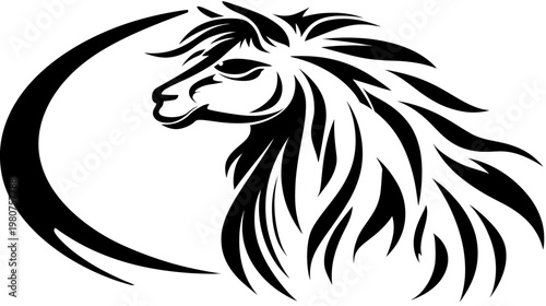 Bold black and white illustration of an alpaca within a partial crescent shape