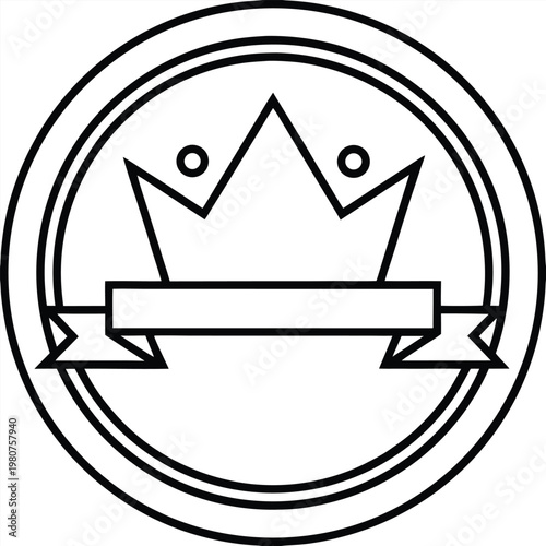 A minimalist vector graphic of a crown icon with a banner in a circular frame