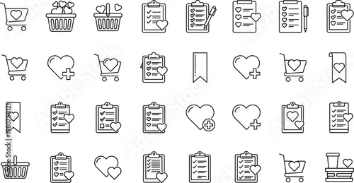 Wishlist favorites checklist line icons set featuring shopping cart bookmarks preferences rating selection ecommerce user interface outline vector collection