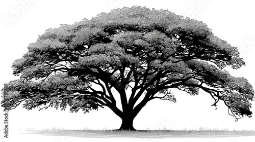 Vector image depicts a solitary tree with dense leaves and a robust trunk on a plain field