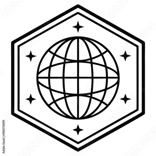 A black and white vector graphic of a globe surrounded by stars in a hexagon
