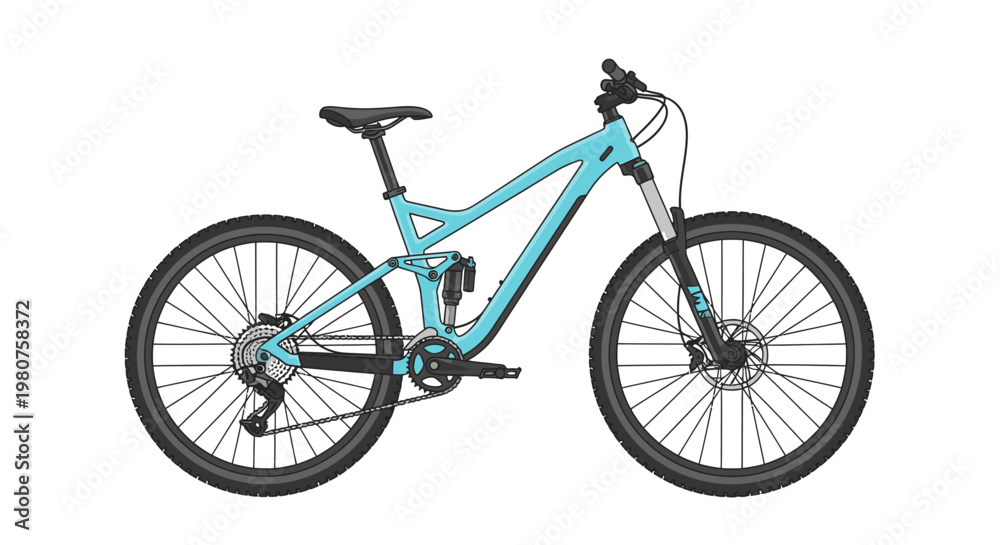 Fototapeta premium Turquoise full suspension mountain bike isolated on a white background, perfect for outdoor adventures and cycling enthusiasts.