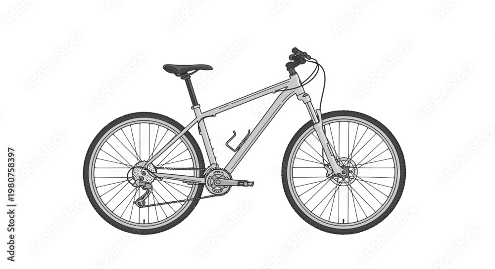 Obraz premium Illustration of a modern mountain bike with suspension, disc brakes, and gears, isolated on a white background.