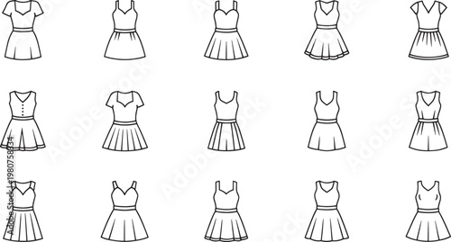 Minimalist of 15 female fashion models in black dresses with white accessories flat minimalist style