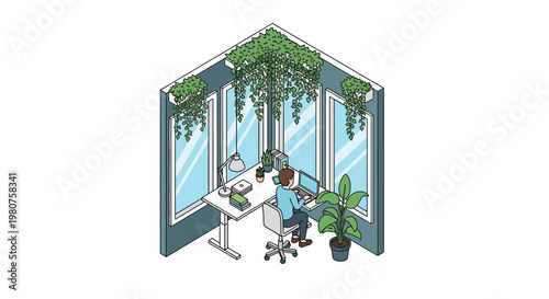 Man working in open office space with plants and modern furniture indoors