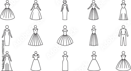 Minimalist of 15 diverse women in various dresses and poses woman female fashion