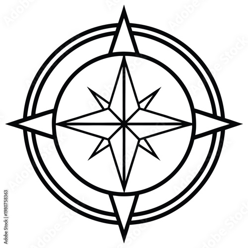 A minimalist black compass rose icon on a white background