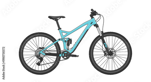 Turquoise full suspension mountain bike isolated on a white background, perfect for outdoor adventures and cycling enthusiasts.