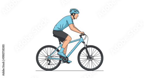 Man riding a light blue bicycle with a helmet and cycling gear, isolated on a white background, illustration