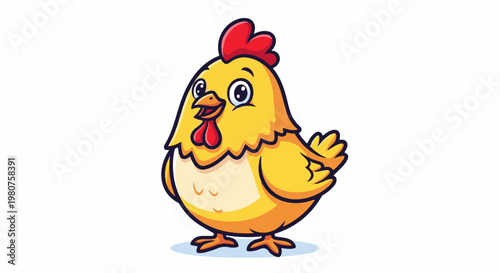 A cheerful cartoon chicken with bright yellow feathers stands on a light blue base