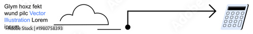 Cloud storage, data processing, computational workflows, technology connectivity, digital transformation, finance analysis. Cloud linked to a calculator via a line. Cloud storage and data processing