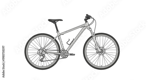 Illustration of a modern mountain bike with suspension, disc brakes, and gears, isolated on a white background.