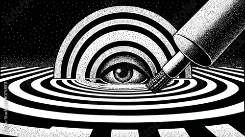 B&W surreal illustration of an eye under striped arch, viewed with brush