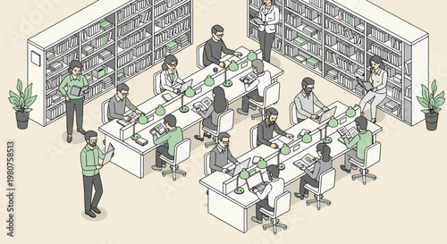 Employees work collaboratively in an open office business setting with computers and desks