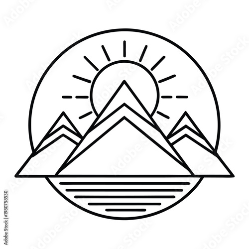 A minimalist vector graphic illustration of a mountain range with a sun and water