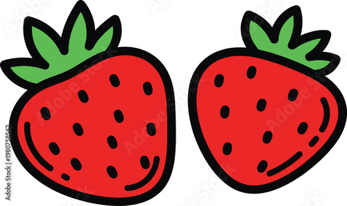 Two bright red strawberries with green tops cartoon style