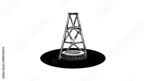 Oil Derrick Structure.
Illustration of a black and white derrick on a circular base