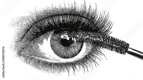 Engraved eye detail shows long lashes being enhanced with a mascara wand