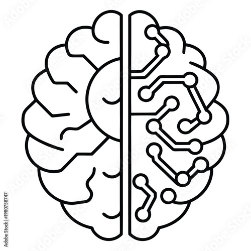 A vector graphic illustration of a brain divided into two halves with a circuit board design