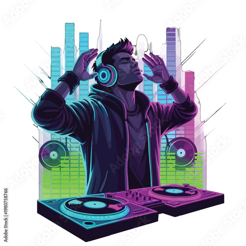 DJ playing music on turntables with headphones, enjoying the beat against a vibrant cityscape backdrop with sound waves