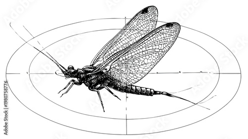 Detailed black and white drawing of a mayfly, framed within two concentric circles