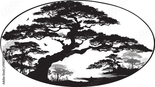 Black and white drawing of trees in an oval frame. Birds are flying around