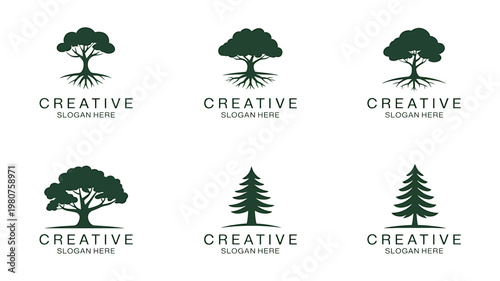 Tree logo designs with creative slogans and green silhouettes on white background