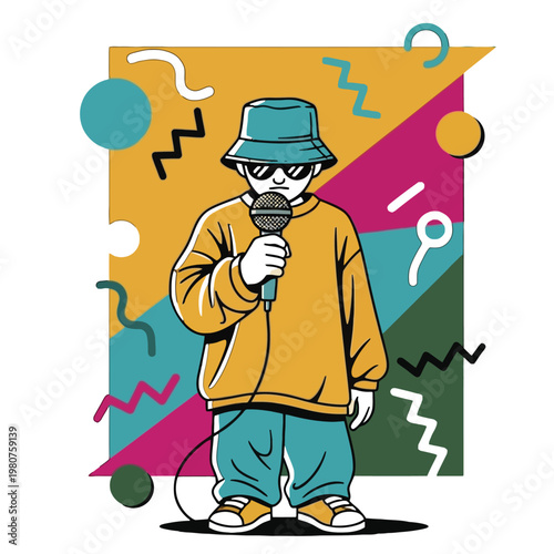 Illustration of a stylish young rapper holding a microphone, wearing a bucket hat and oversized clothing, set against a vibrant abstract background