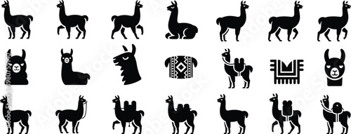 Llama and Alpaca Icon Set – Black Silhouette South American Animal Vector Collection, Wool Farm Illustration Isolated on White Background