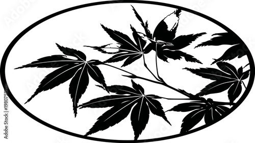 Black silhouette of a maple branch with leaves inside a black oval frame