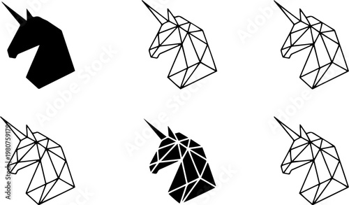 Geometric Unicorn Logo Set Vector, Minimalist Angular Polygonal Branding Identity For Tech Startups And Corporate Business