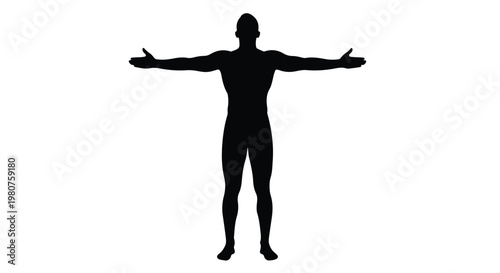 Black silhouette of a man standing with arms outstretched isolated on white background, symbolizing freedom, confidence, and empowerment