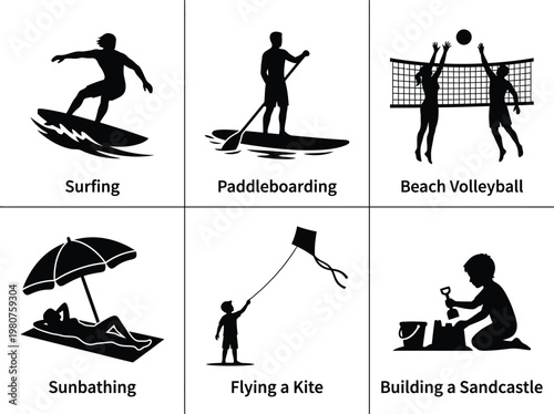 Black silhouettes of people doing beach activities icons