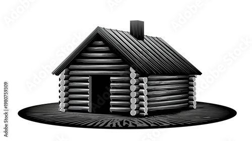 Engraved-style log cabin with chimney on stylized ground, monotone illustration
