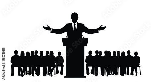 Businessman giving speech to audience at podium conference presentation leadership public speaking event