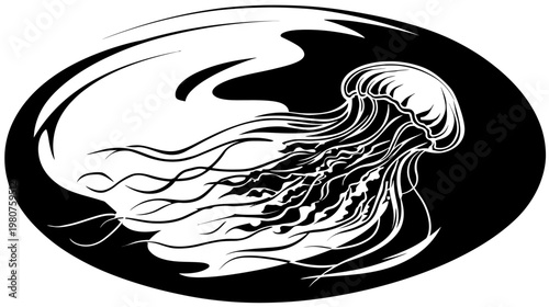 Stylized jellyfish floats in oval space, tentacles flowing, presented in black and white