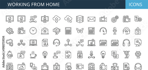 Working from home line icon set with remote office communication productivity devices calendar headset workspace outline vector collection for freelancers